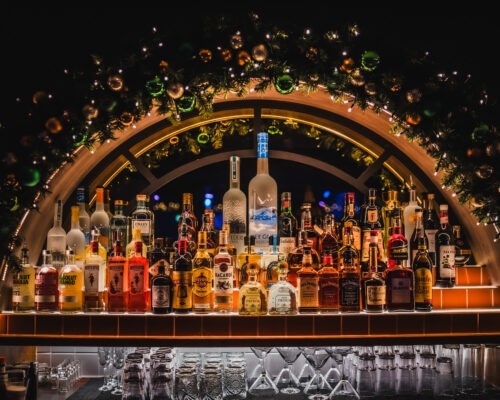 Piano Works Bar Area Surrounded by Spirit Bottles